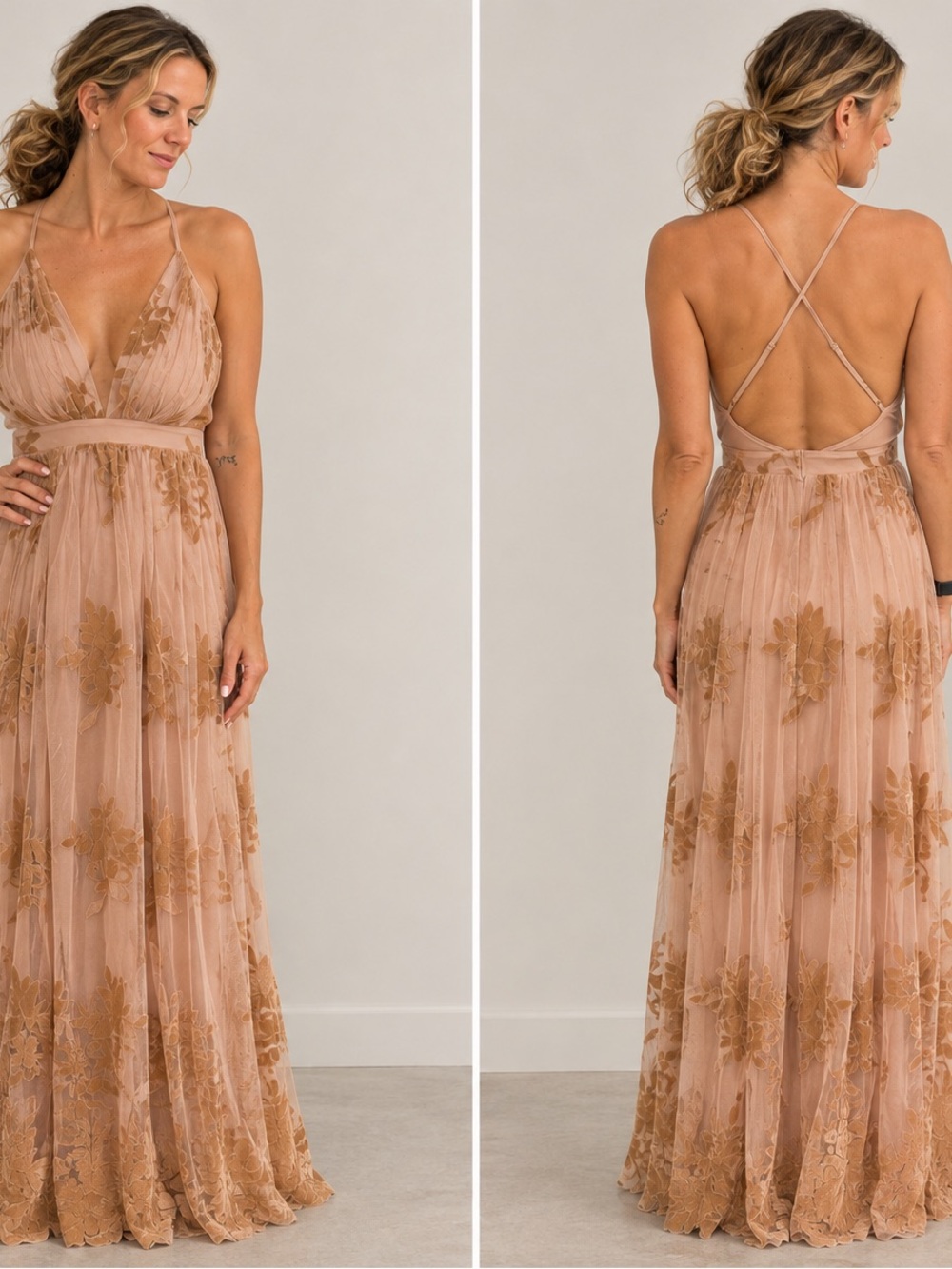 Lulu's Blush-Tan Floral Lace Maxi Dress